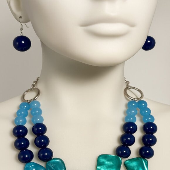 Layered Colorful Round & Shell Beaded Necklace & Earrings Set, Silver Jewelry - Picture 4 of 9